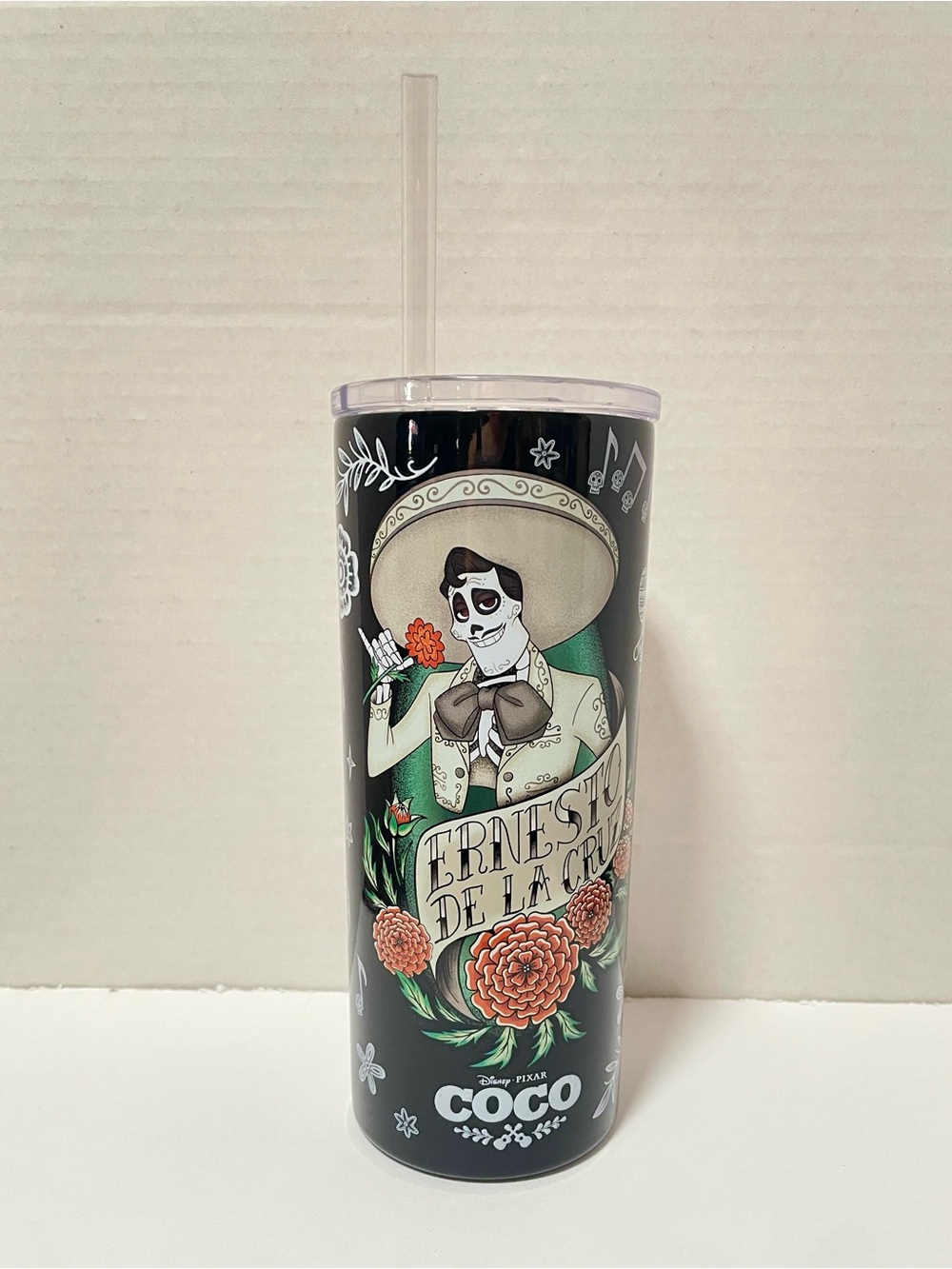 Disney Coco Ernesto De La Cruz Tall Tumbler - Black with Orange Floral
